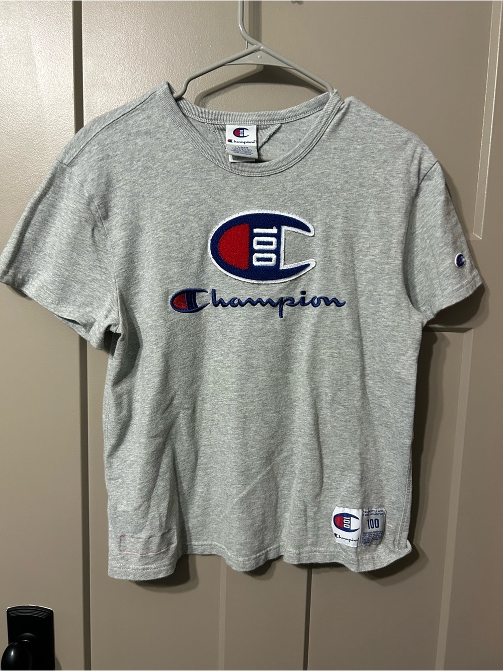 Champion 100 Year Anniversary Embroidered Logo T-Shirt Gray embroidered